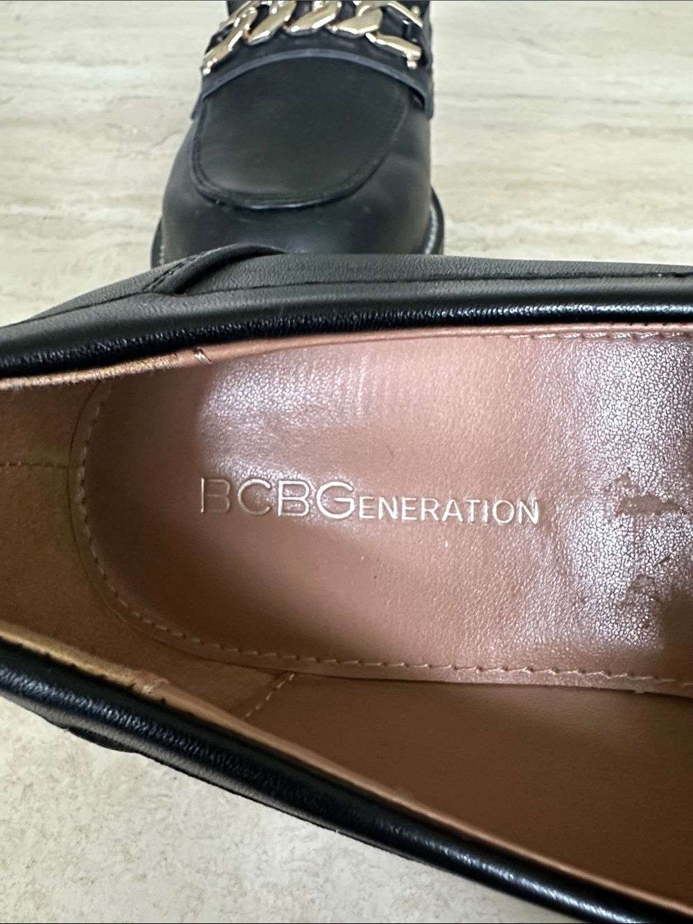 BCBGeneration Black Leather Loafers with Gold Chain Accent - Picture 7 of 7